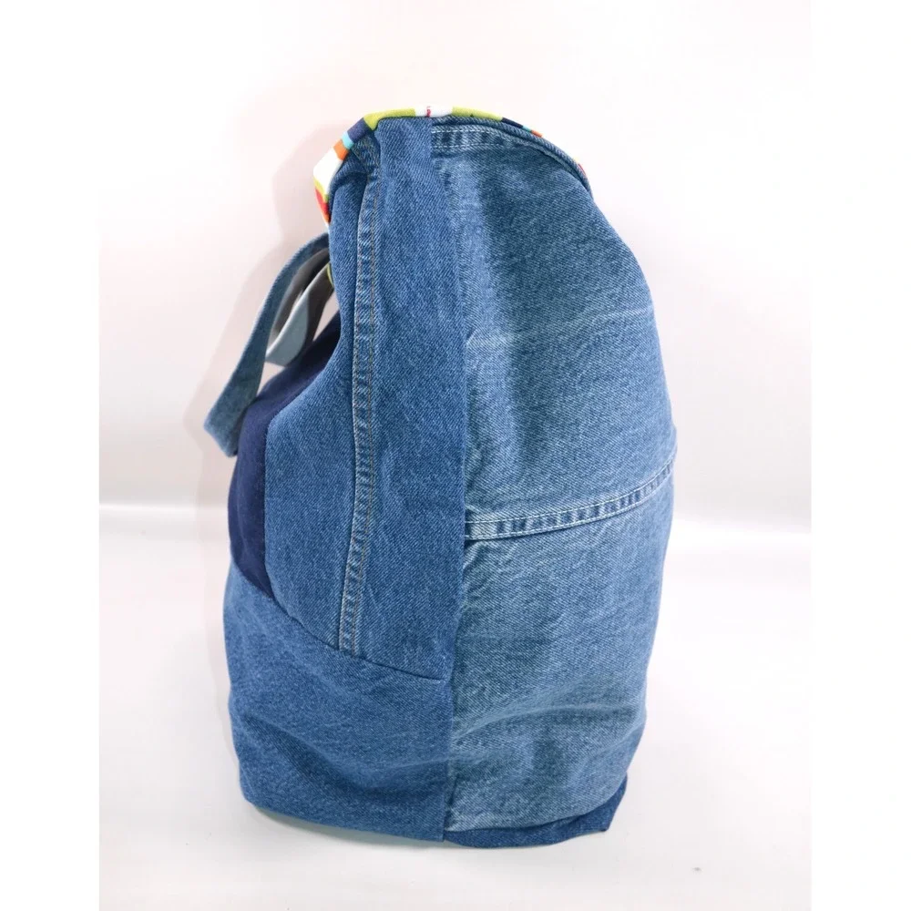Denim Patchwork Blue Jean Tote/Shoulder Bag Upcycle Reversible Striped 17